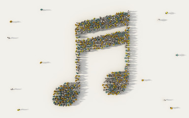 Large group of people forming musical note symbol in social media and community concept on white background. 3d sign of crowd illustration from above gathered together