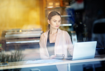 Woman working on laptop at coffee shop. Window Reflexions. Shot of a young woman using a laptop in...