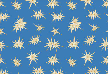 White and gold magic polygon stars on blue sky seamless pattern