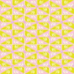 Hand drawn lime green and pink geometric triangle and leaves mosaic design. Seamless vector pattern with organic beach vibe. Great for wellbeing products, packaging, giftwrap,fabric, stationery