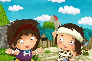 cartoon scene with caveman and girl in the village - illustration for children