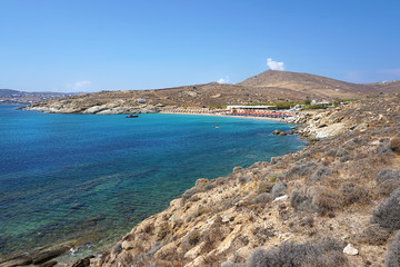Fototapeta na wymiar Beautiful panoramic view of Lia beach bay in Mykonos