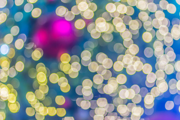 Abstract blurred colorful Christmas tree lighting decoration with bokeh background. Defocused of decorated and illuminated christmas tree for Merry Christmas and new year festival celebration.