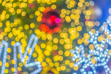 Abstract blurred colorful Christmas tree lighting decoration with bokeh background. Defocused of decorated and illuminated christmas tree for Merry Christmas and new year festival celebration.