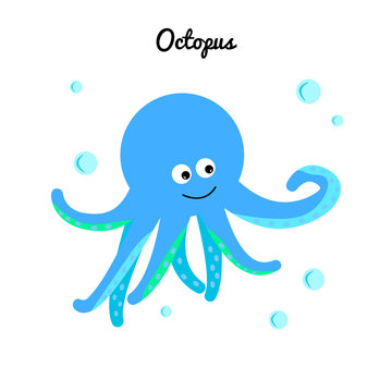 Cute blue octopus with bubbles water. Cartoon marine character. Ocean illustration