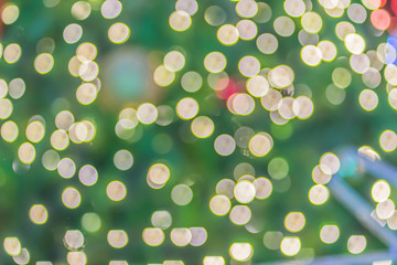 Abstract blurred colorful Christmas tree lighting decoration with bokeh background. Defocused of decorated and illuminated christmas tree for Merry Christmas and new year festival celebration.