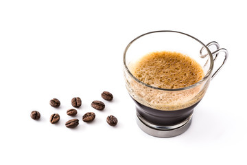 Hot espresso coffee glass isolated on white background. Copyspace