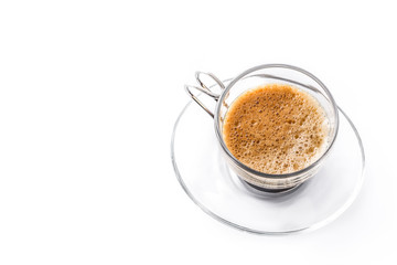 Hot espresso coffee glass isolated on white background. Copyspace