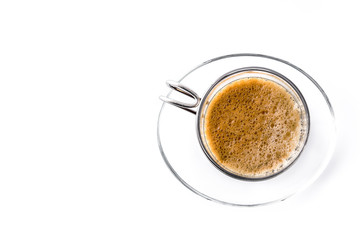 Hot espresso coffee glass isolated on white background. Top view. Copyspace