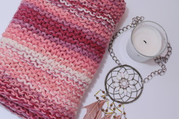 Knitted colorful scarf , candle and dream catcher