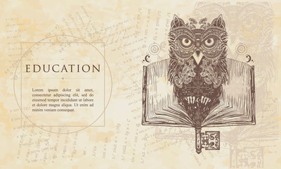 Education. Owl and open book. Renaissance background. Medieval manuscript, engraving art