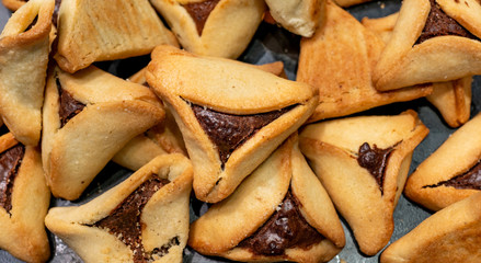 Hamantaschen cookies at the Tel Aviv bakery for Purim celebration. Selectiv focus.