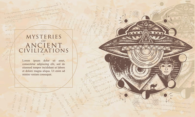 Mysteries of ancient civilization. UFO and ancient Egypt. Paleocontact concept. Renaissance background. Medieval engaving manuscript. Vintage paper with drawings, vector