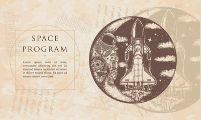 Space program. Space shuttle and astronaut. Renaissance background. Medieval manuscript, engraving art