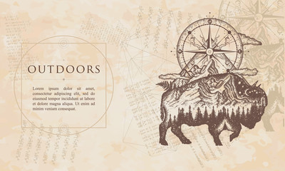 Outdoors. Bison double exposure, mountains and compass. Renaissance background. Medieval manuscript, engraving art