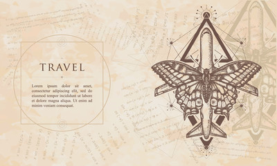 Travel. Butterfly and air plane. Renaissance background. Medieval manuscript, engraving art