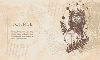 Science. God of knowledge. Great prophet, genius, creator of universe. Renaissance background. Medieval manuscript, engaving art