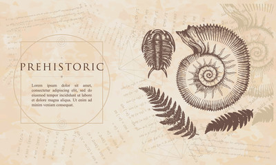 Prehistoric. Ancient ammonites fern, trilobite. Archeology and paleontology concept. Cambrian art. Renaissance background. Medieval manuscript, engraving style