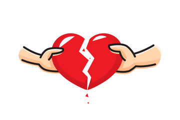 The hand of a man and the hand of a woman break the heart. Breakup heart concept. Crisis relationship divorce. Unhappy love, conflict. Vector illustration.