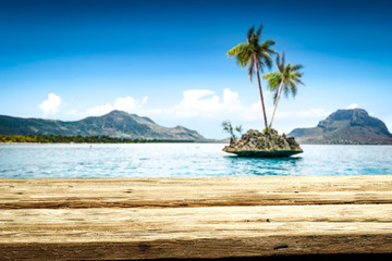 Wooden desk of free space and two coco palms. 