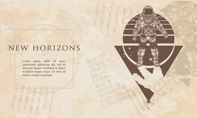 New horizons. Astronaut. Cosmonaut in deep space. Renaissance background. Medieval manuscript, engraving art