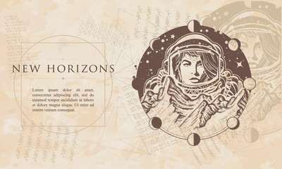 Fototapeta na wymiar New horizons. Woman astronaut. Mountains on Mars. Spaceman exploring planets. Renaissance background. Medieval manuscript, engraving art