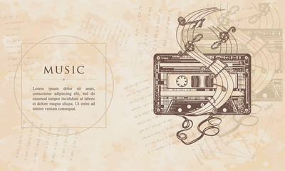 Music. Old audio cassette and music notes. Renaissance background. Medieval manuscript, engraving art
