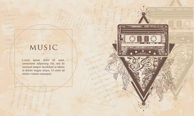 Music. Old audio cassette and roses flowers. Renaissance background. Medieval manuscript, engraving art