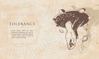 Tolerance. Black and white hands in space. Renaissance background. Medieval manuscript, engraving art