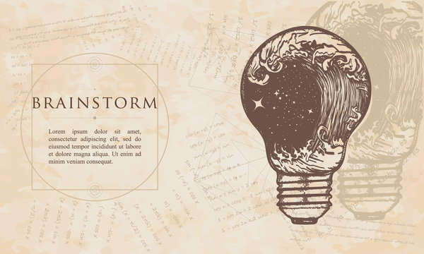 Brainstorm. Storm in a light bulb. Renaissance background. Medieval manuscript, engraving art