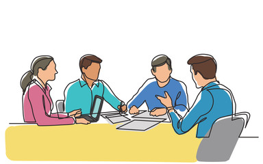 continuous line drawing of office workers at business meeting