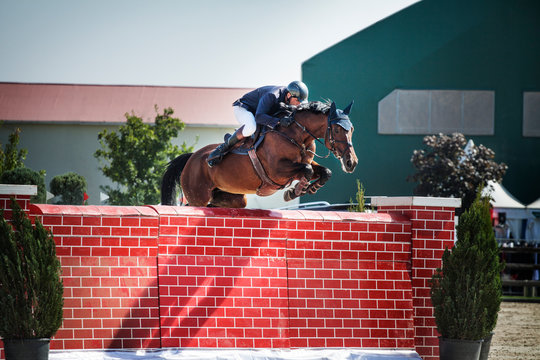 Mounted jockey jumping over brick wall  