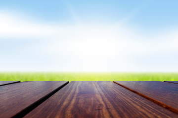 Wood Table Top and spring lawn and sky background.