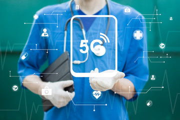 Doctor pressing modern technology panel 5g wifi smartphone healthcare