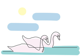 single line drawing of two swans