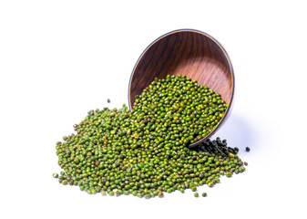  Mung bean, green moong dal in wooden bowl. Green Mung Beans Also Know as Mung Dal, moong or green gram beans(Vigna Radiata) Pakistani/Indian Beans isolated on White Background. 