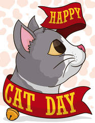 Smiling and Lovely Cat with Ribbons during Cat Day Celebration, Vector Illustration
