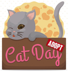 Kitty in Box Promoting Pets Adoption during Cat Day, Vector Illustration