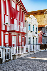 Colorful striped house facades in Portugal