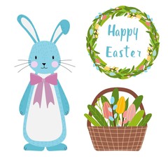 Easter vector spring tulips flowers bouqet, flower wreath, eggs elements,