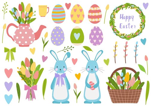 Big vector elements set. Spring time easter eggs, tulip flowers, bucket with flowers and willow. Cute teapot with bouquet and cartoon bunny character
