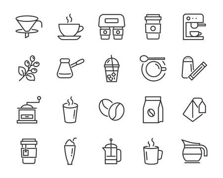 set of coffee icons, such as ice coffee, cup, teapot, beverage, cafe, breakfast,
