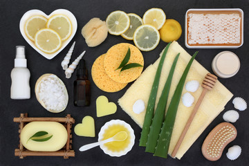 Skincare and aromatherapy treatment products including  aloe vera, lemons, almond oil, natural...