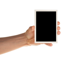hand holding photo frame isolated on white with clipping path