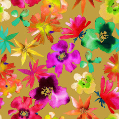 Floral seamless pattern. Hand drawn watercolor wild flowers and petals.Bright botanical painting. Motley backdrop for textiles, fabrics, clothes, jacket, souvenirs, wrapper or surface.