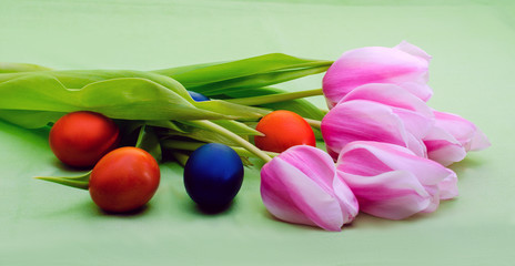 easter still life flowers tulips and painted eggs