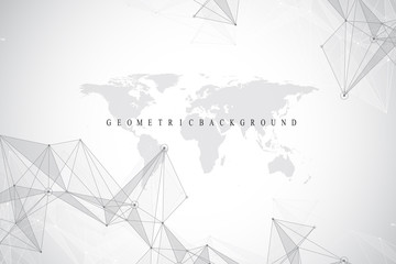 Geometric abstract background with connected line and dots. Network and connection background for your presentation. Graphic polygonal background. Scientific vector illustration.