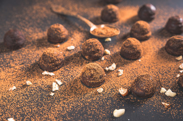 Fototapeta na wymiar Homemade chocolate truffle on dark background