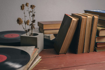 old vintage books, vinyl records and a dry  flower in a concrete vase
