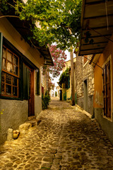 Fototapeta na wymiar Lesbos island, Molyvos, Greece - The narrow alley in the old town of Molyvos on the island of Lesbos in the Aegean Sea on a spring day.